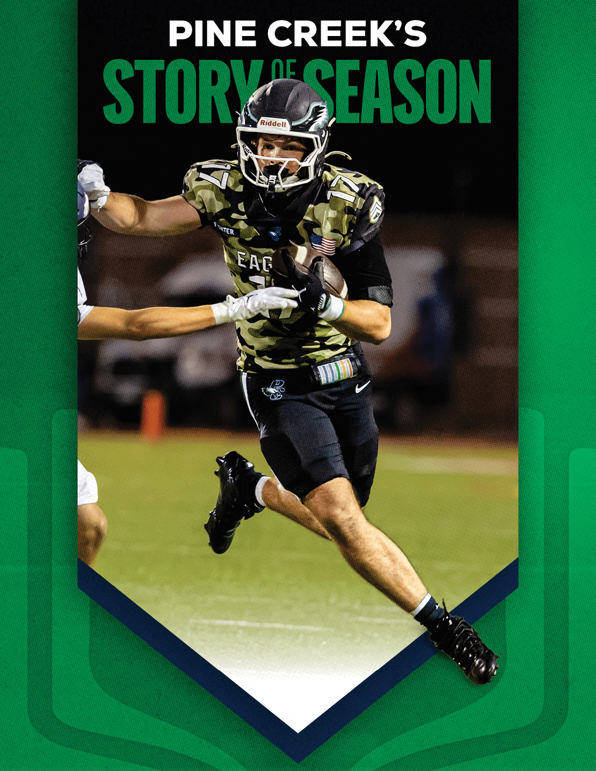 A person in a camouflage football uniform and helmet is running on a field while holding a football and evading a defender. Description generated by AI