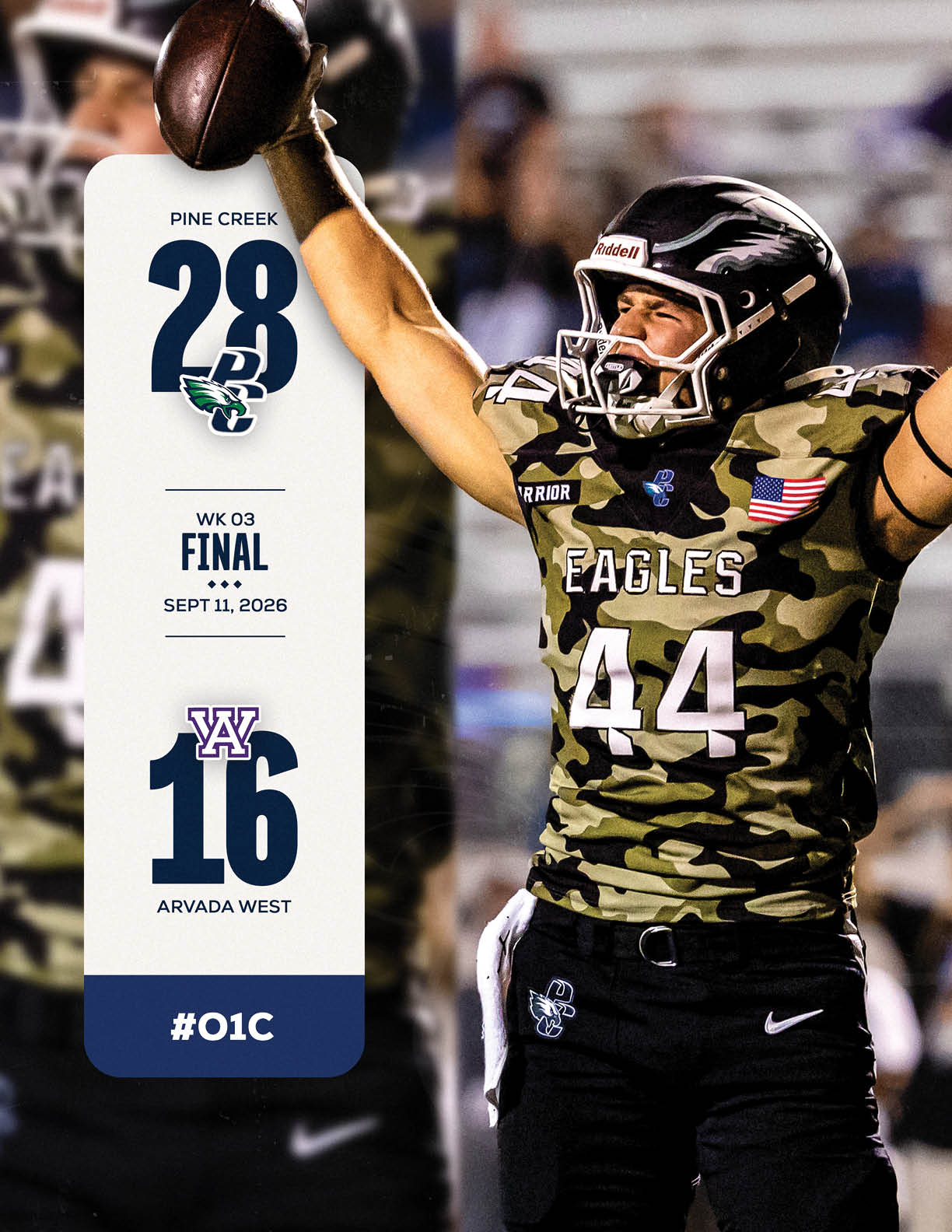 A person wearing a camouflage football uniform with the number 44 and a helmet is celebrating with arms raised next to a scoreboard showing a final score for a football game between Pine Creek and Arvada West. Description generated by AI