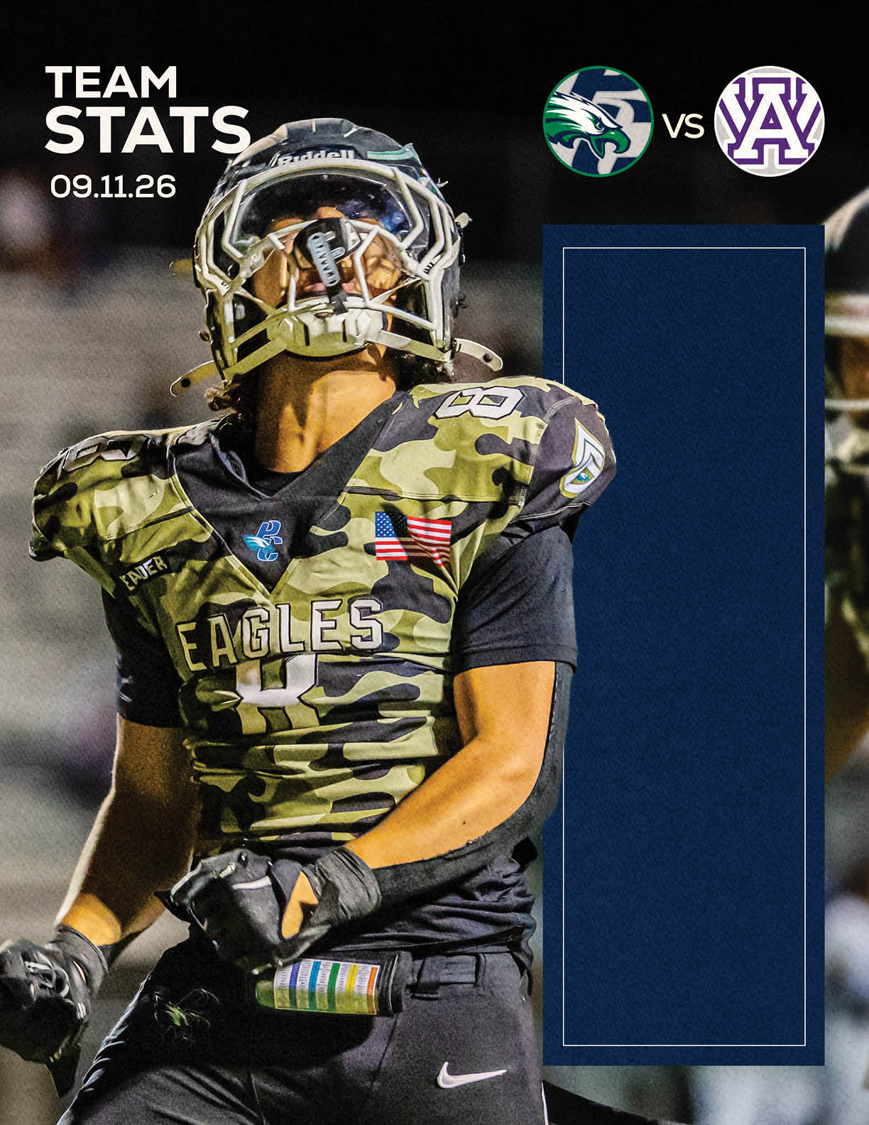 A person in a camouflage football uniform with the word Eagles on the chest is celebrating on a field with a dark background and a graphic showing team stats for a game between two teams. Description generated by AI