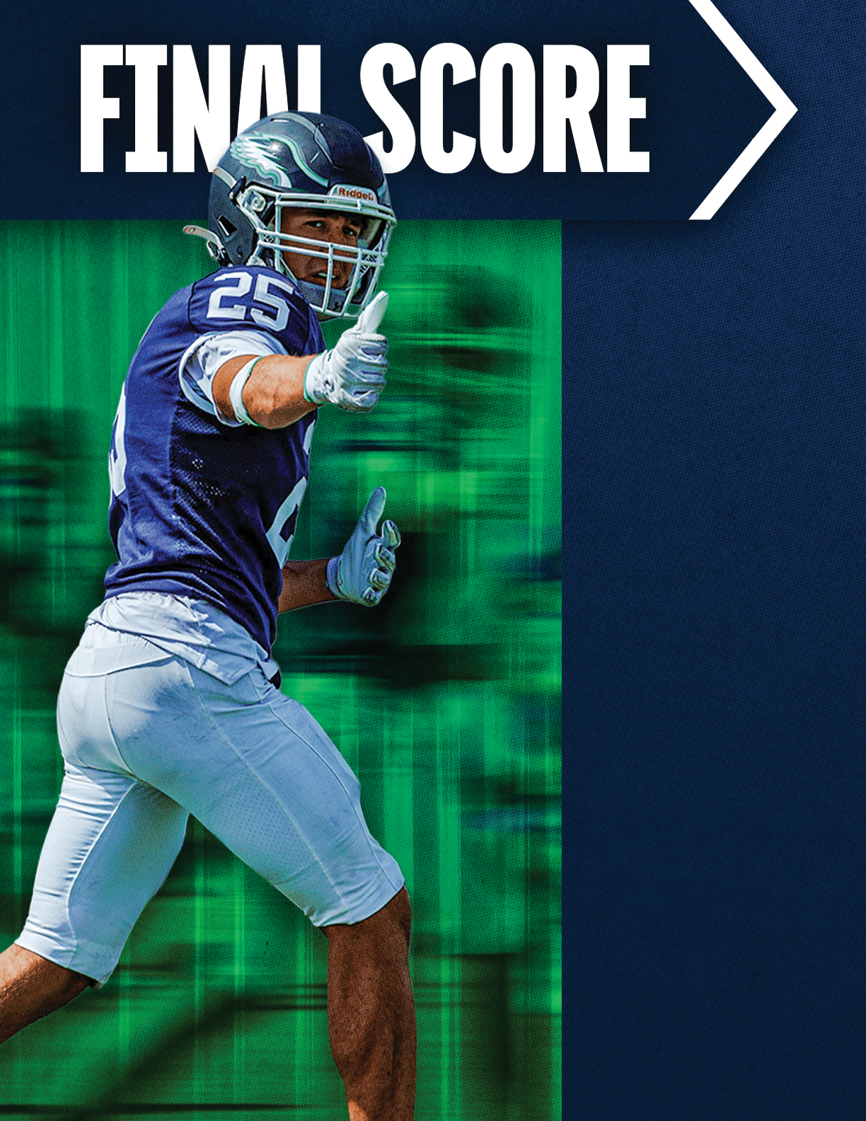A person wearing a blue and white football uniform with the number 25 is giving a thumbs-up gesture with one hand while looking back. Description generated by AI