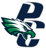 A green and white eagle with a blue P on its chest. Description generated by AI