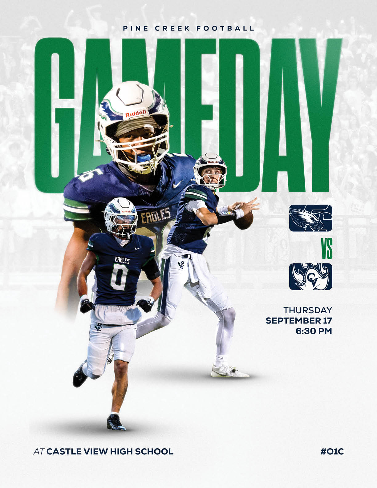 Three football players in blue and white uniforms with helmets are featured in front of large green text reading GAMEDAY for a Pine Creek Football game at Castle View High School on Thursday, September 17 at 6:30 PM. Description generated by AI