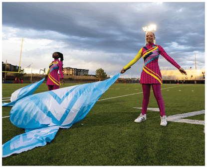Two people wearing colorful uniforms hold large blue and white flags on a sports field under a cloudy sky. Description generated by AI