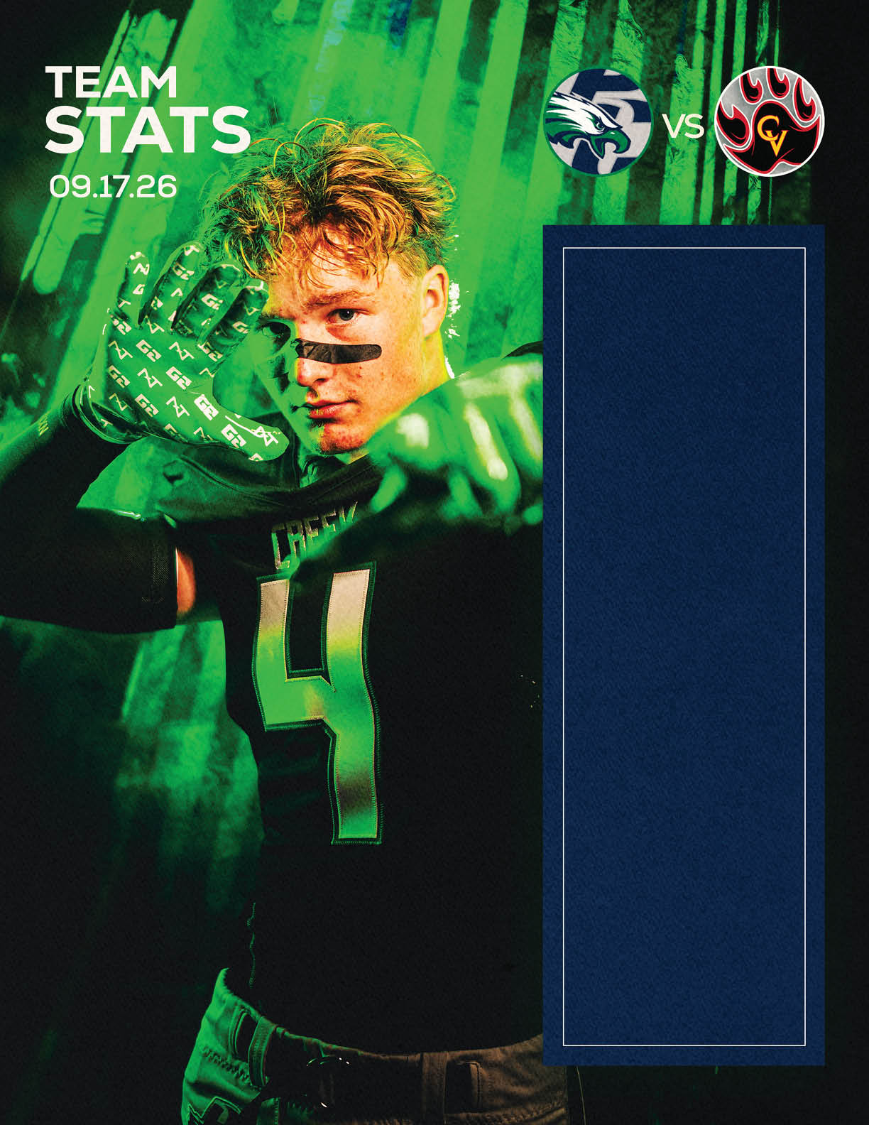 A person wearing a sports uniform with the number four and green gloves poses with one hand raised in front of a green background alongside team logos and the text “TEAM STATS 09.17.26." Description generated by AI