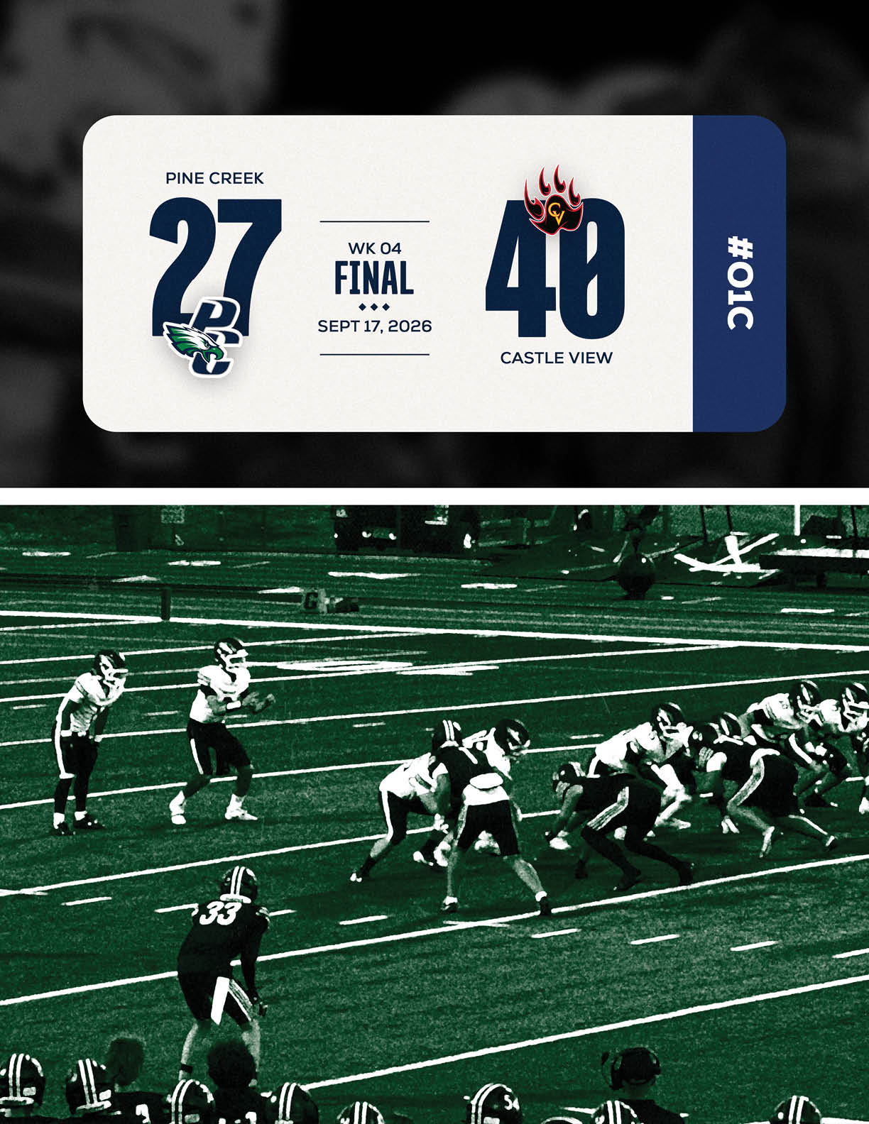 A scoreboard shows the final score of a football game between Pine Creek and Castle View with Castle View winning, and below it players are lined up on a football field preparing for a play. Description generated by AI