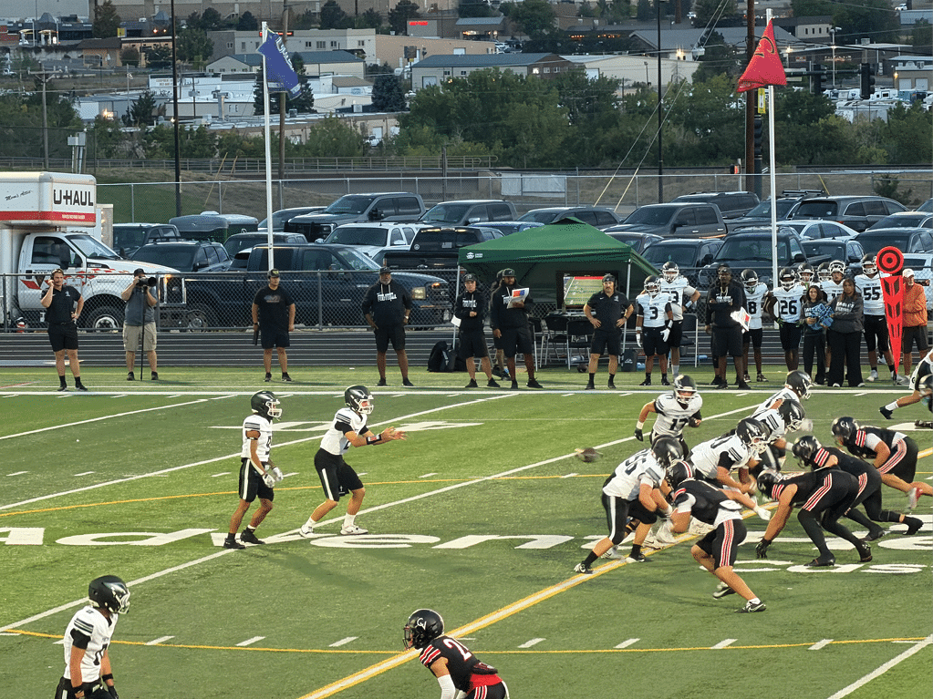 People in football uniforms are lined up on a field preparing for a play during a game with coaches and other team members standing on the sidelines. Description generated by AI