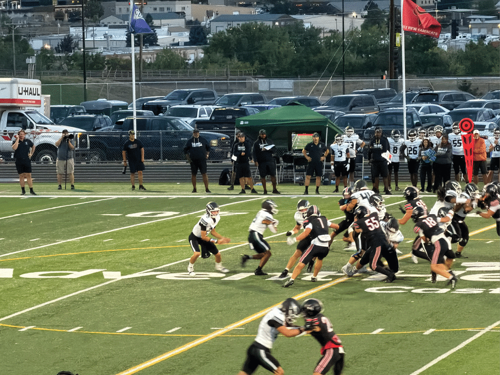 A group of people in sports uniforms are playing a football game on a field with spectators and team members standing on the sidelines. Description generated by AI