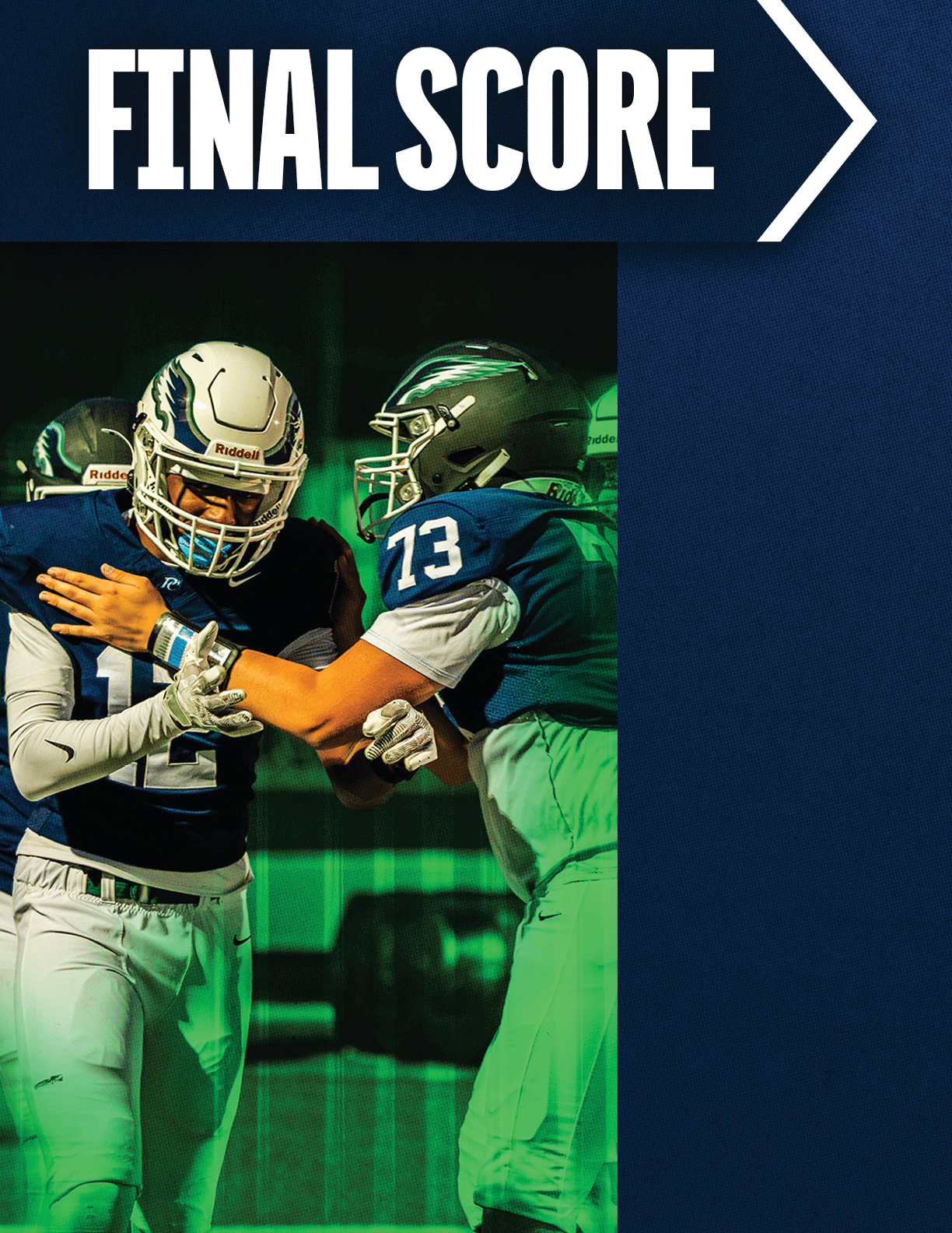 Two people wearing football helmets and uniforms are engaged in a physical interaction on a field under green lighting with a “FINAL SCORE" banner above them. Description generated by AI