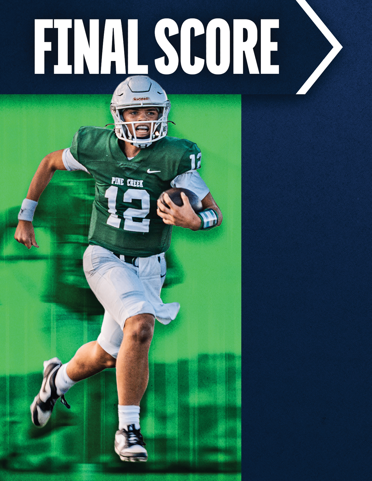 An adult wearing a green football jersey with the number 12 and white pants is running while holding a football, with the text “FINAL SCORE" displayed above. Description generated by AI
