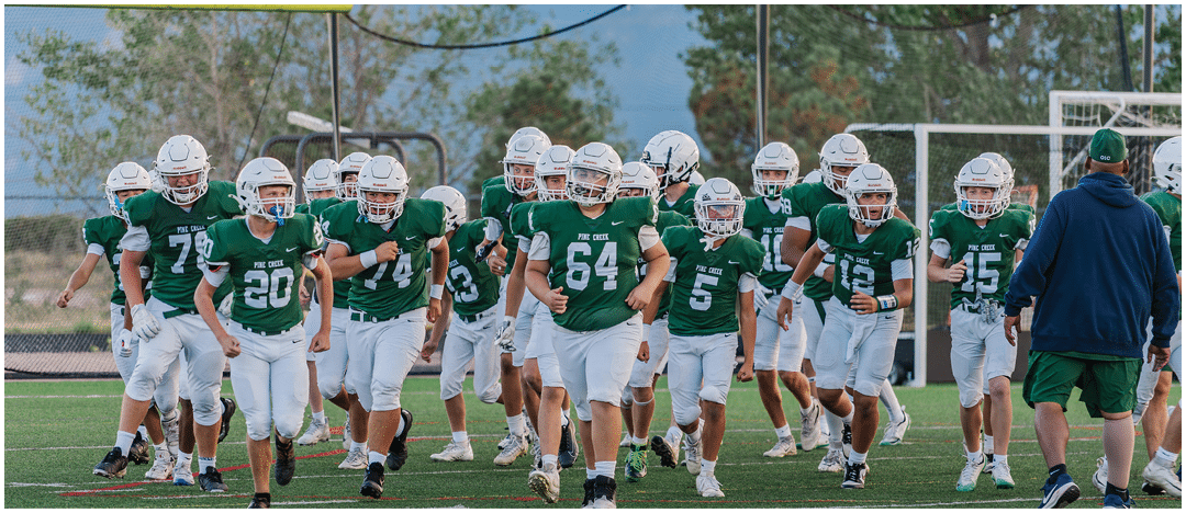 Five people in football uniforms stand on a field facing three other people in green and white football uniforms with helmets under a blue sky. Description generated by AI