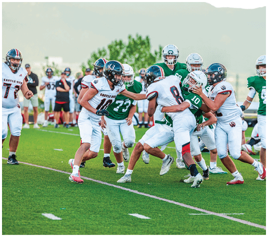 Five people in football uniforms stand on a field facing three other people in green and white football uniforms with helmets under a blue sky. Description generated by AI