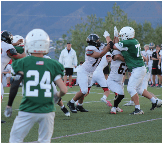 People wearing football uniforms are actively playing on a grassy field during a game. Description generated by AI