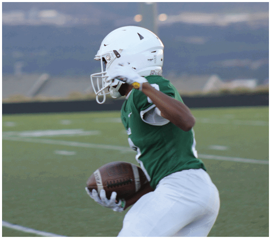 A person wearing white pants and a green shirt is holding a football while running on a grassy field. Description generated by AI