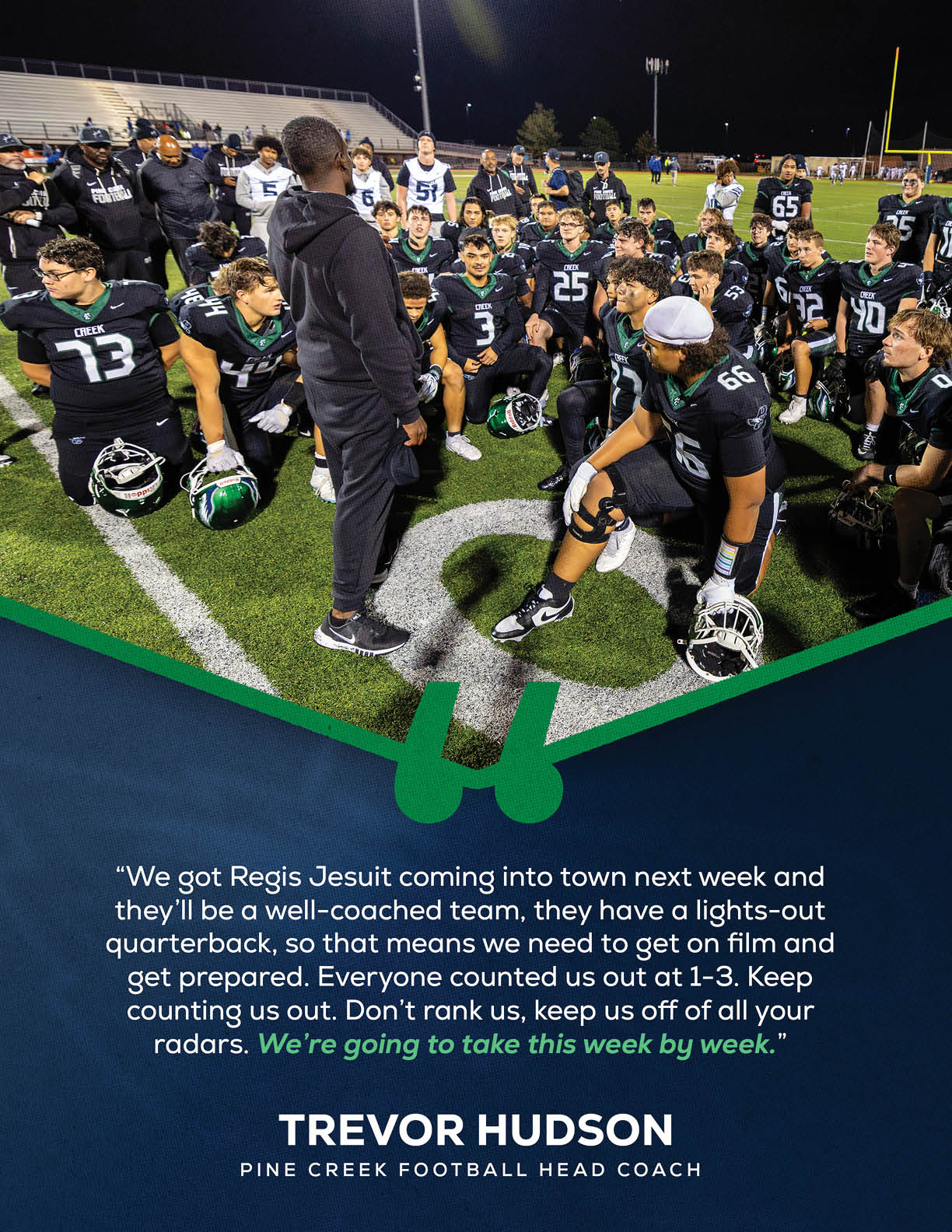 A group of football players in black uniforms sit on a field listening attentively to a coach standing in front of them at night with a motivational quote about preparing for an upcoming game displayed below. Description generated by AI