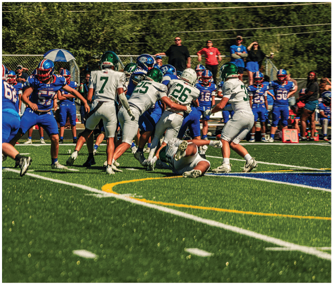 People in blue and white football uniforms are actively playing on a green field with a chain-link fence and spectators in the background. Description generated by AI