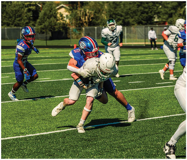 Two people in blue sports uniforms tackle a person in white sports gear on a green football field while others in white and blue uniforms watch nearby. Description generated by AI