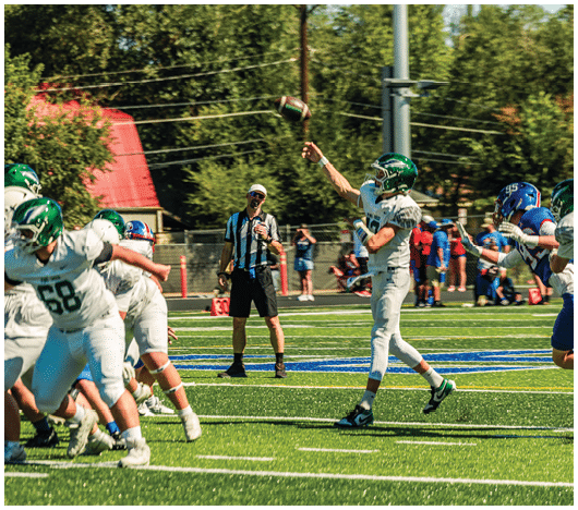 A person in a white football uniform is throwing a football while other players and a referee stand on a green field with trees and spectators in the background. Description generated by AI