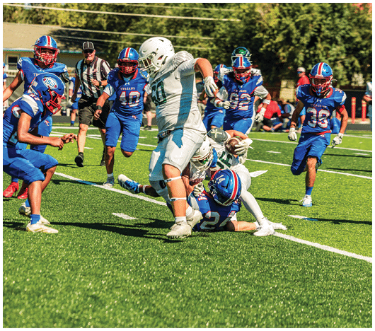 A group of people in blue and white football uniforms are actively playing on a green field with one player in white tackling a player in blue who is holding the ball. Description generated by AI