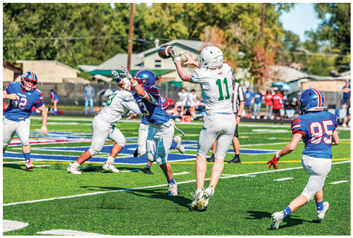 Five people in football uniforms stand on a field facing three other people in green and white football uniforms with helmets under a blue sky. Description generated by AI