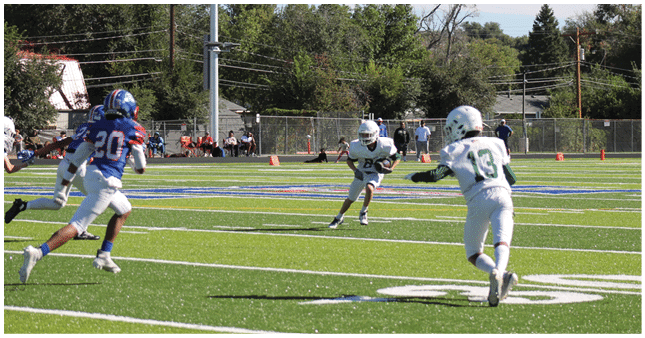 People in football uniforms are playing on a green field with trees and a fence in the background. Description generated by AI