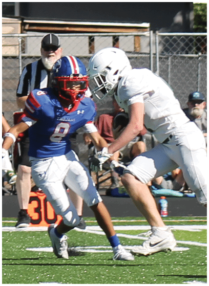 Two people in football uniforms are engaged in a play on a field, with one person holding the ball and the other attempting to block or tackle. Description generated by AI