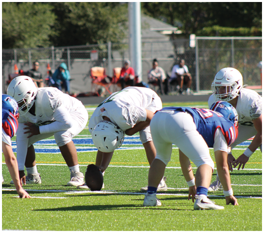 Two teams of people in football uniforms are lined up on a field with one person holding the football ready to snap it. Description generated by AI