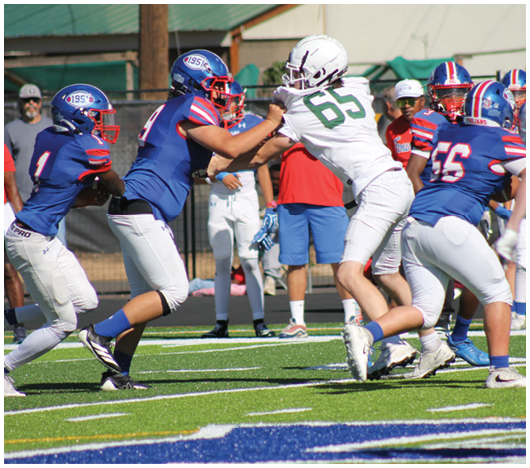 Two people in blue football uniforms are blocking a person in a white football uniform during a game on a field. Description generated by AI