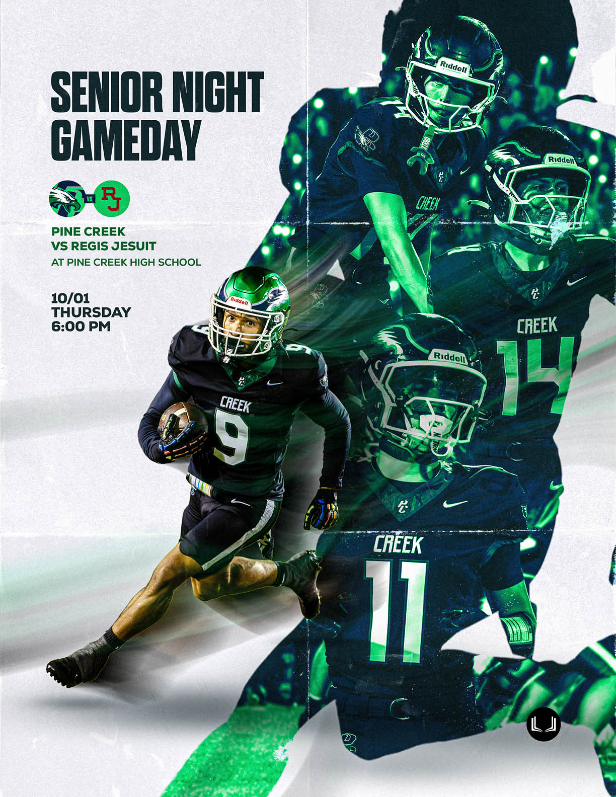 A dynamic sports poster features multiple action shots of a person in a black football uniform with the number 9, promoting a senior night football game between Pine Creek and Regis Jesuit at Pine Creek High School on a Thursday evening. Description generated by AI