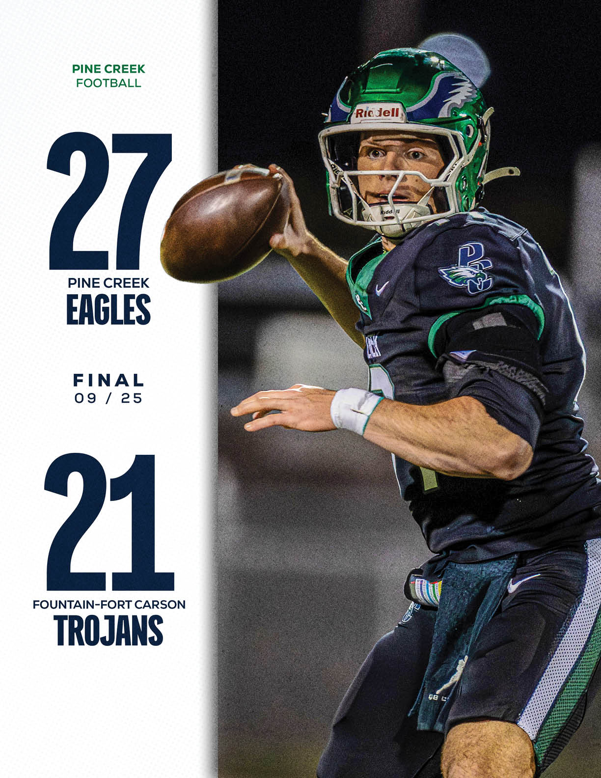 A person wearing a football uniform and helmet is preparing to throw a football next to a scoreboard showing the Pine Creek Eagles defeating the Fountain-Fort Carson Trojans. Description generated by AI