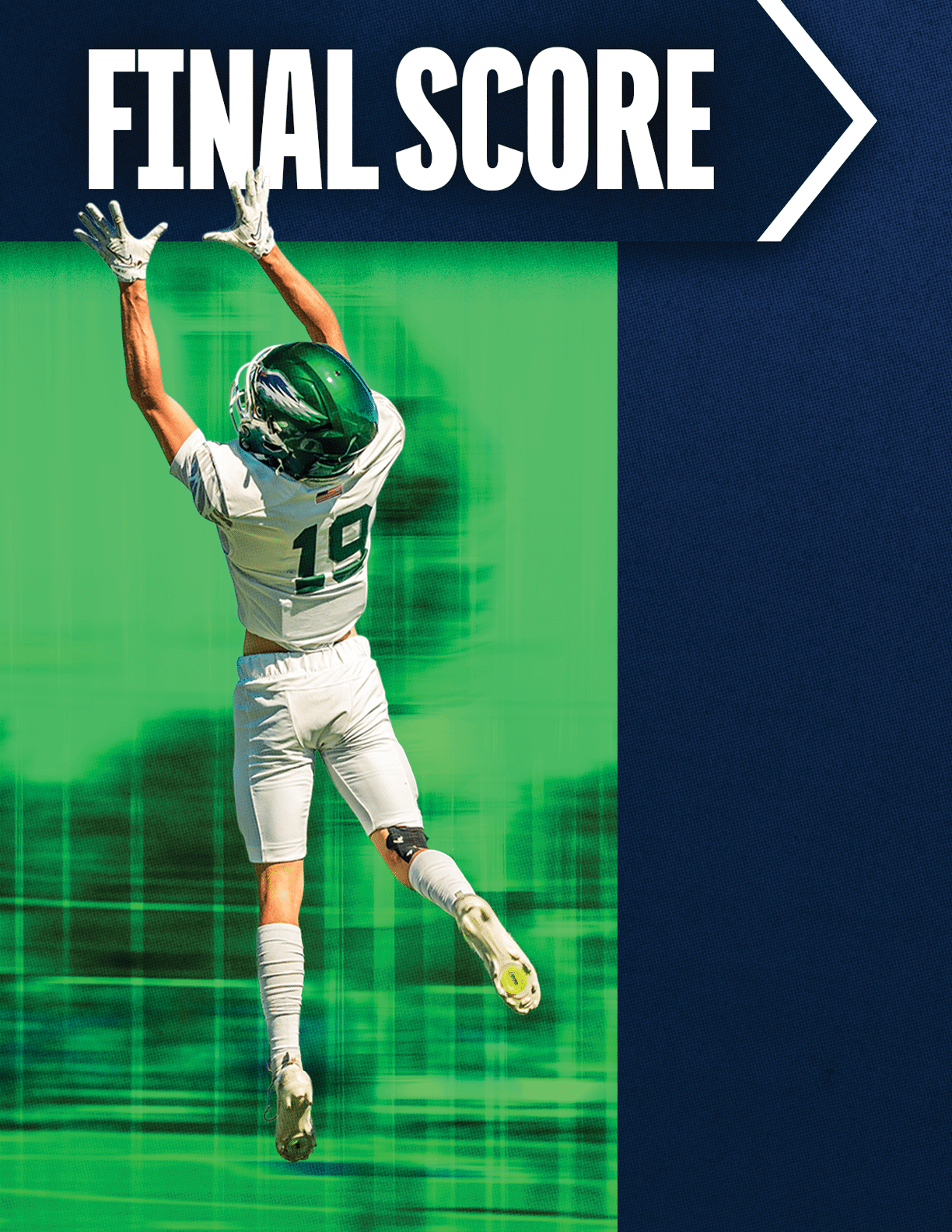 A person wearing a green helmet and white sports uniform with the number 19 is jumping with arms raised against a green and blue background with the text “FINAL SCORE" above. Description generated by AI