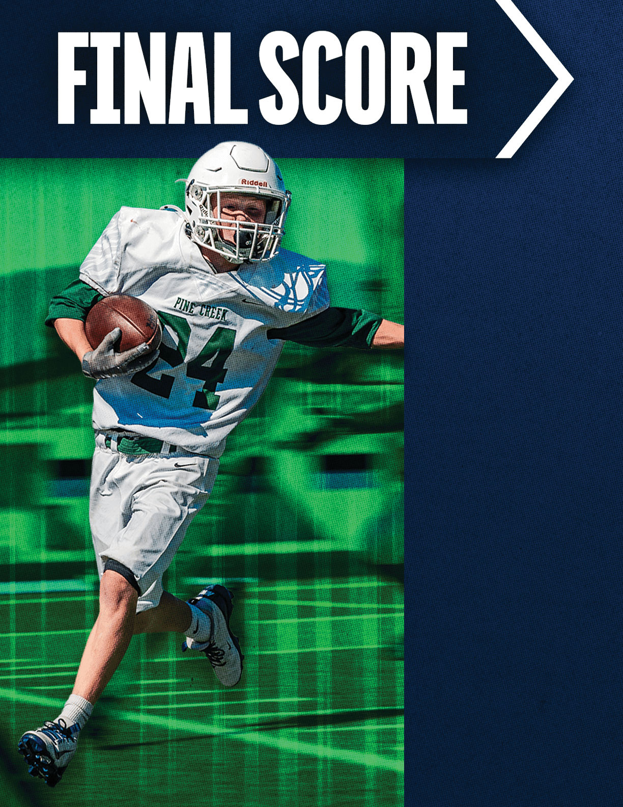 An adult wearing a white football uniform with the number 24 is running on a green field while holding a football, with the words “FINAL SCORE" displayed above. Description generated by AI