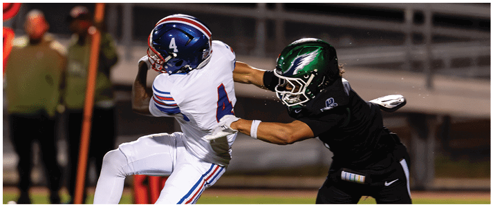 Two people in football uniforms are engaged in a play on a field, with one person in white running while the other in black reaches out to tackle them. Description generated by AI
