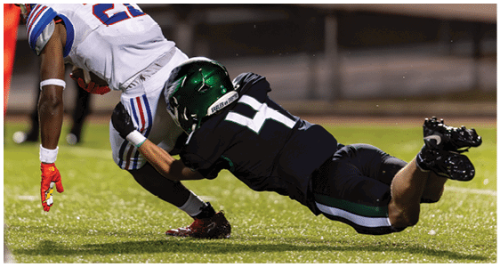 A person in a black uniform is tackling another person in a white and blue football uniform on a grassy field during a game. Description generated by AI