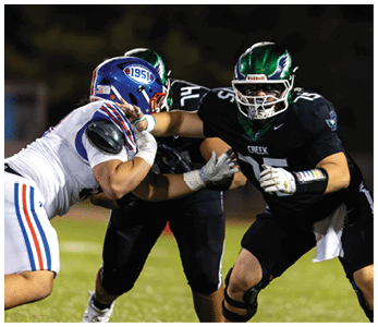 Two people in football uniforms are engaged in a blocking stance on a grassy field during a game. Description generated by AI
