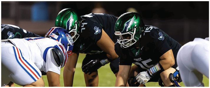 Two opposing football teams are lined up at the line of scrimmage on a grassy field with one player holding the football ready to snap. Description generated by AI