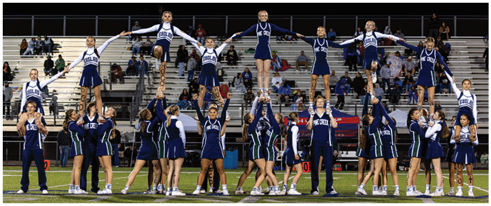 A group of people in matching cheerleading uniforms perform a coordinated stunt on a sports field with spectators in the background. Description generated by AI