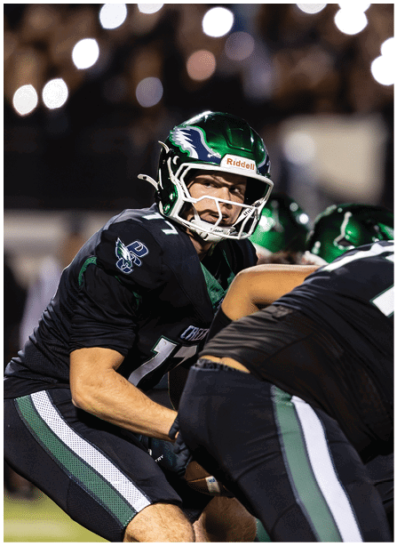 People wearing green helmets and black sports uniforms are positioned on a football field with a blurred crowd and bright lights in the background. Description generated by AI
