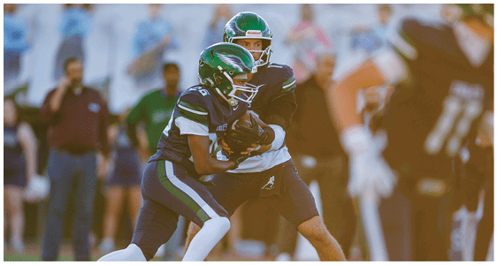 Two people wearing football helmets and uniforms are engaged in a play on a field with blurred spectators in the background. Description generated by AI