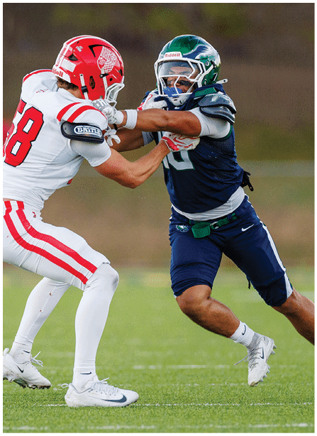 Two people in football uniforms are engaged in a physical play on a grassy field with one pushing against the other's chest. Description generated by AI