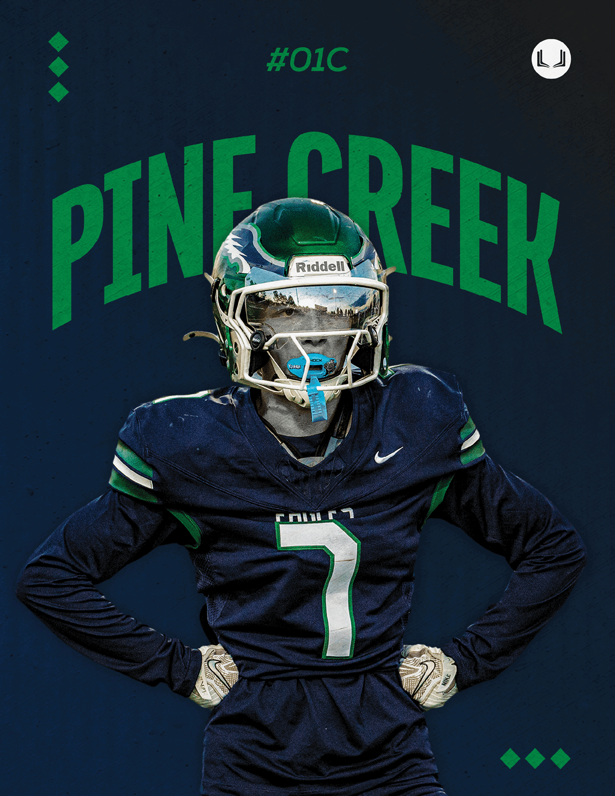 A person wearing a dark football uniform with the number seven and a green helmet stands with hands on hips in front of a dark background with the text “PINE CREEK" and "#O1C" above. Description generated by AI