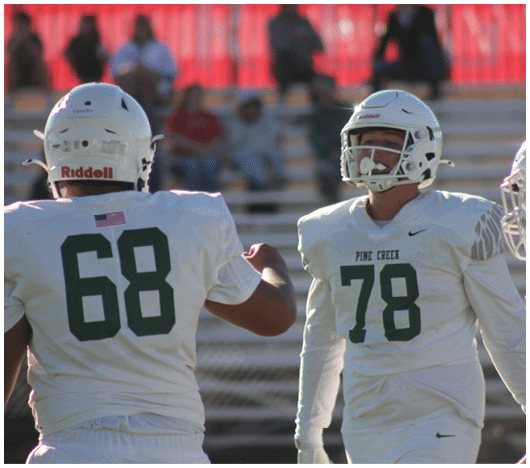 Two people wearing white football uniforms with helmets and numbers 68 and 78 are on a field with blurred spectators in the background. Description generated by AI