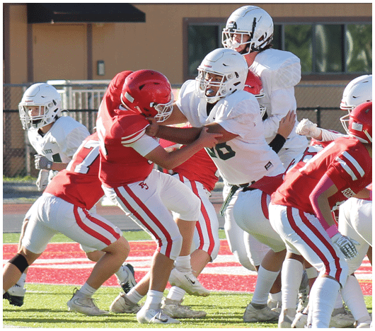 Several people wearing football helmets and uniforms are engaged in a play on a football field with a red and white end zone. Description generated by AI