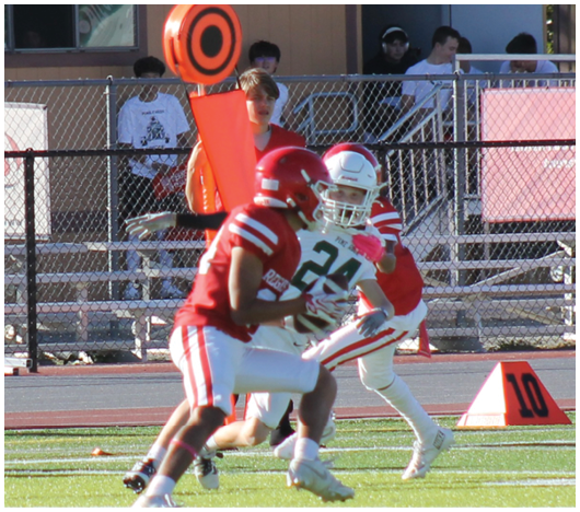 Two people in football uniforms are engaged in a play on a field with a chain-link fence and spectators in the background. Description generated by AI