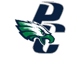 A green and white eagle with a blue P on its chest. Description generated by AI