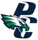A green and white eagle with a blue P on its chest. Description generated by AI