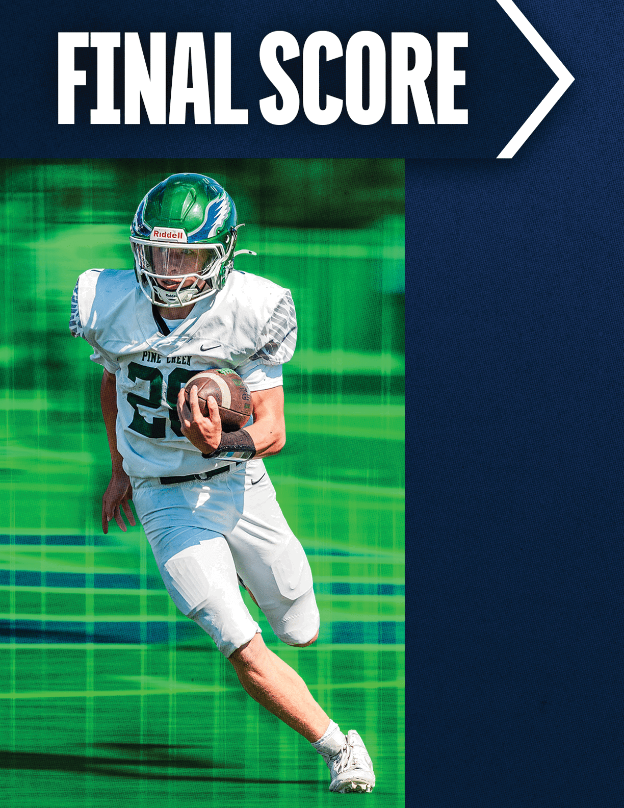 An adult wearing a green helmet and white football uniform is running with a football under one arm against a green and blue digital background with the text “FINAL SCORE" above. Description generated by AI