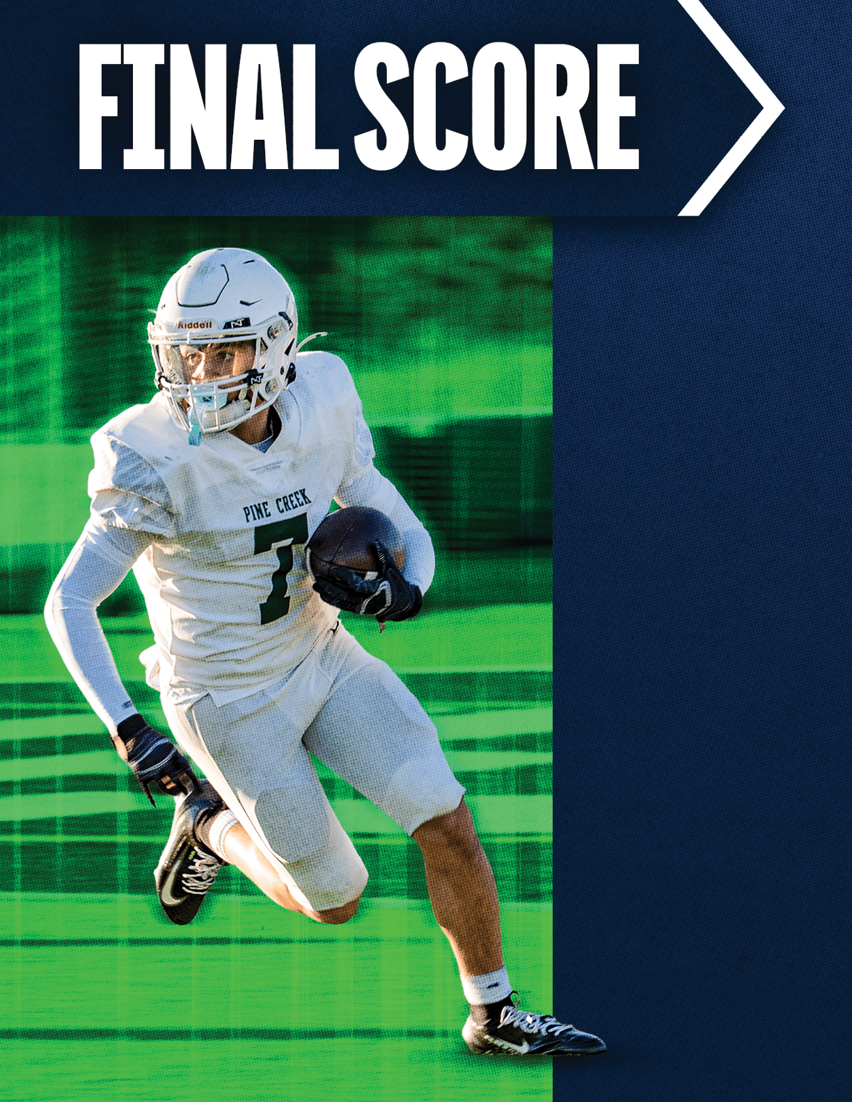An adult in white football gear is running with a football on a green field with a dark blue background and the words “FINAL SCORE" above. Description generated by AI