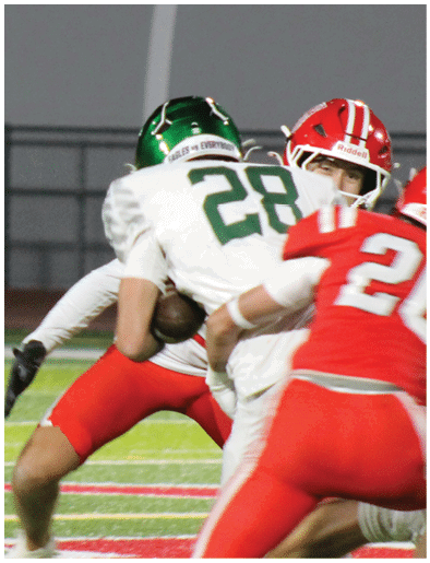 A person wearing a green football helmet with the phrase “EAGLES vs EVERYBODY" and a white jersey with the number 29 is seen from behind. Description generated by AI