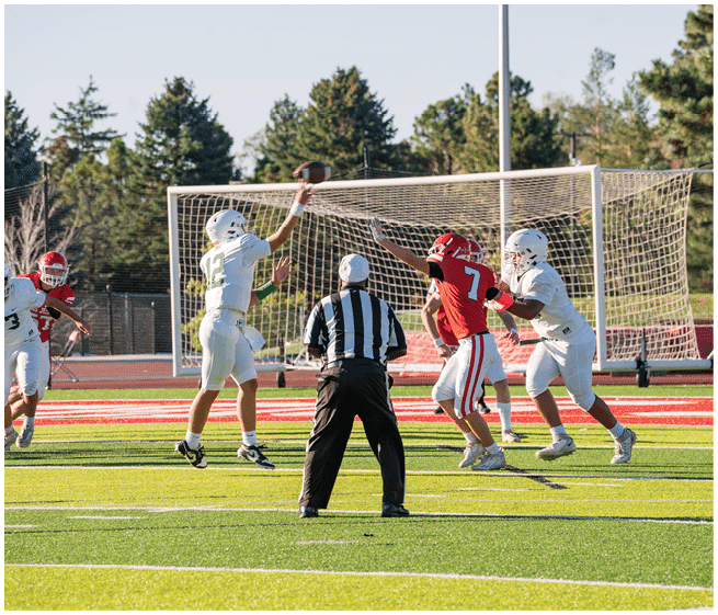 People playing football on a field with one player in white jumping to catch the ball near the goal while others in red and white uniforms and a referee watch. Description generated by AI