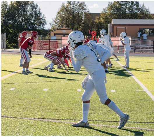 People in football uniforms are lined up on a field preparing for a play during a game in daylight. Description generated by AI